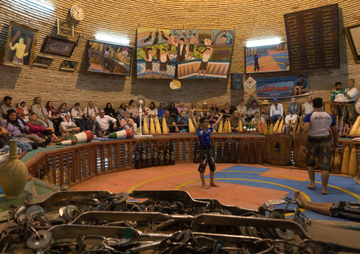 Men training at saheb a zaman club zurkhaneh in a former water reservoir, Yazd Province, Yazd, Iran