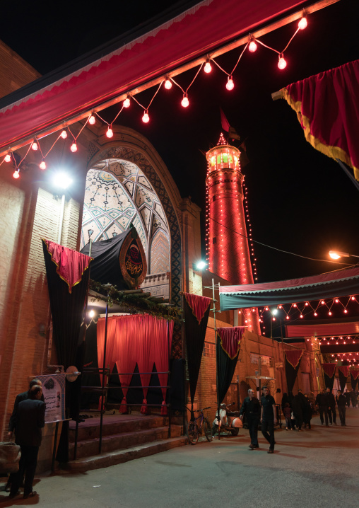 Entrance of an Hosseinieh decorated for Muharram where shiite men come to worship Imam Hussein, Isfahan Province, Kashan, Iran