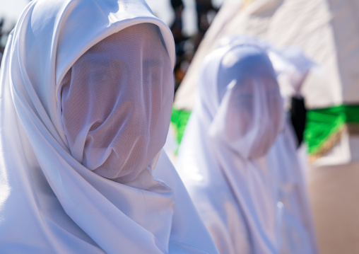 Women in white chadors during a traditional religious theatre called tazieh about Imam Hussein death in Kerbala, Lorestan Province, Khorramabad, Iran