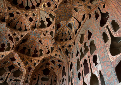 Famous acoustic ceiling in the music room of Ali Qapu palace, Isfahan Province, Isfahan, Iran