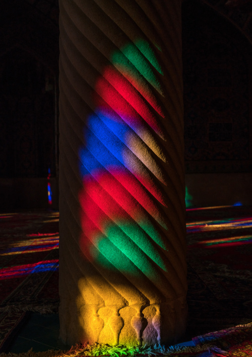 The pillars of Nasir ol Molk mosque with its beautiful colors, Fars Province, Shiraz, Iran