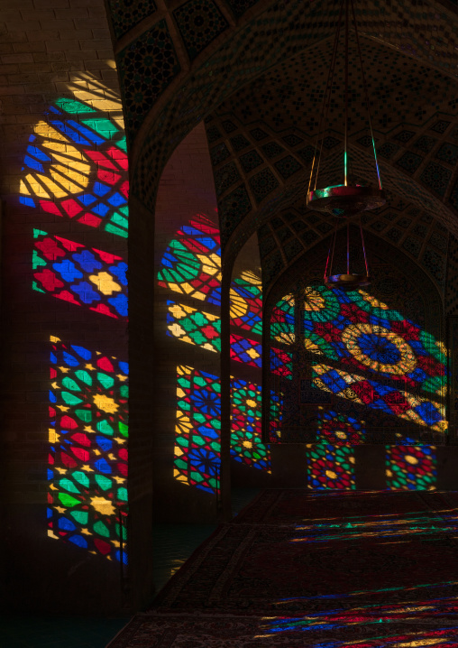 The pillars of Nasir ol Molk mosque with its beautiful colors, Fars Province, Shiraz, Iran