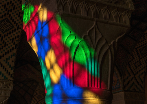 The pillars of Nasir ol Molk mosque with its beautiful colors, Fars Province, Shiraz, Iran