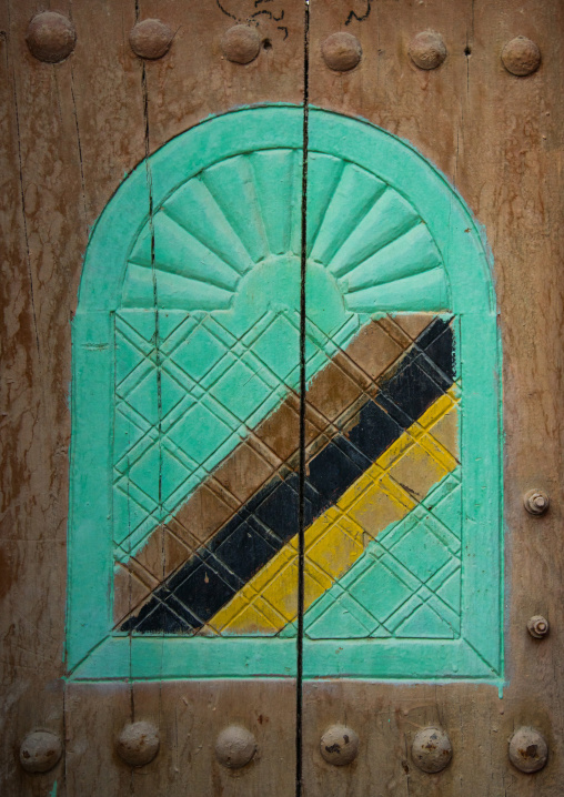 detail of an old painted wooden door, Qeshm Island, Laft, Iran