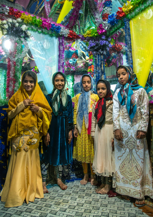 girls inside the bride and groom room for a wedding, Qeshm Island, Salakh, Iran