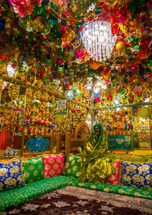 bride in the decorated room for traditional wedding, Hormozgan, Bandar-e Kong, Iran