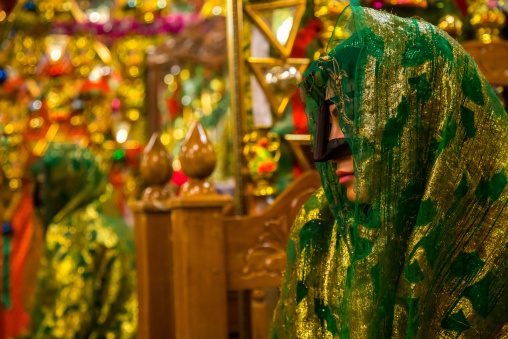 bride in the decorated room for traditional wedding, Hormozgan, Bandar-e Kong, Iran