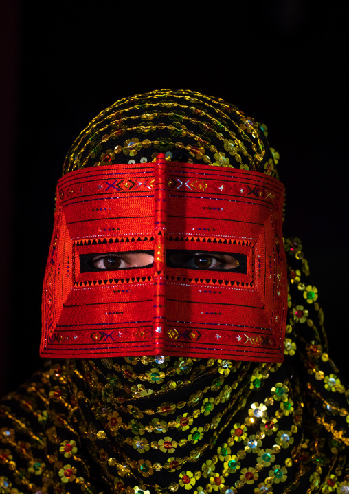 a bandari woman wearing a traditional mask called the burqa, Hormozgan, Minab, Iran