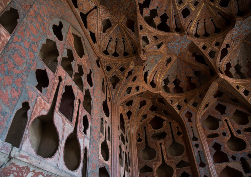 famous acoustic ceiling in the music room of ali qapu palace, Isfahan Province, isfahan, Iran