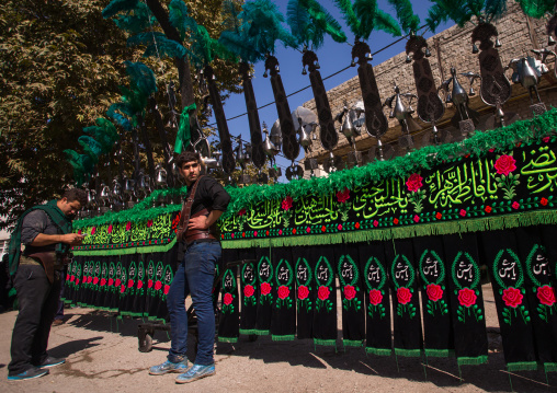 Iranian Shiite Muslim Men In Front Of An An Alam On Tasua Celebration, Lorestan Province, Khorramabad, Iran