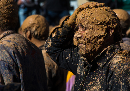 Iranian Shiite Muslim Man Covered In Mud Crying During Ashura Day, Kurdistan Province, Bijar, Iran