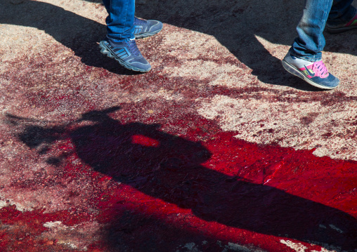 Shadows In Blood Of Iranian Shiite Men Who Are Beating Themselves With Iron Chains To Commemorate Ashura, Kurdistan Province, Bijar, Iran