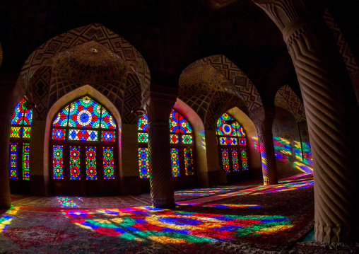 The Prayer Hall Of Nasir Ol Molk Mosque With Its Beautiful Coloured Glass Windows, Fars Province, Shiraz, Iran