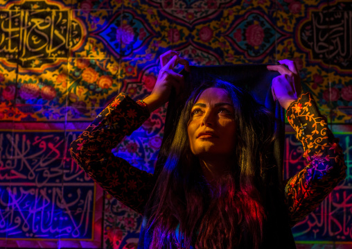 Iranian Woman In The Nasir Ol Molk Mosque With Its Beautiful Coloured Glass Windows, Fars Province, Shiraz, Iran