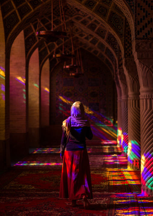 Iranian Woman In The Nasir Ol Molk Mosque With Its Beautiful Coloured Glass Windows, Fars Province, Shiraz, Iran