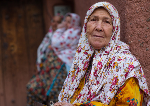 Portrait Of Iranian Women Wearing Traditional Floreal Chadors In Zoroastrian Village, Isfahan Province, Abyaneh, Iran