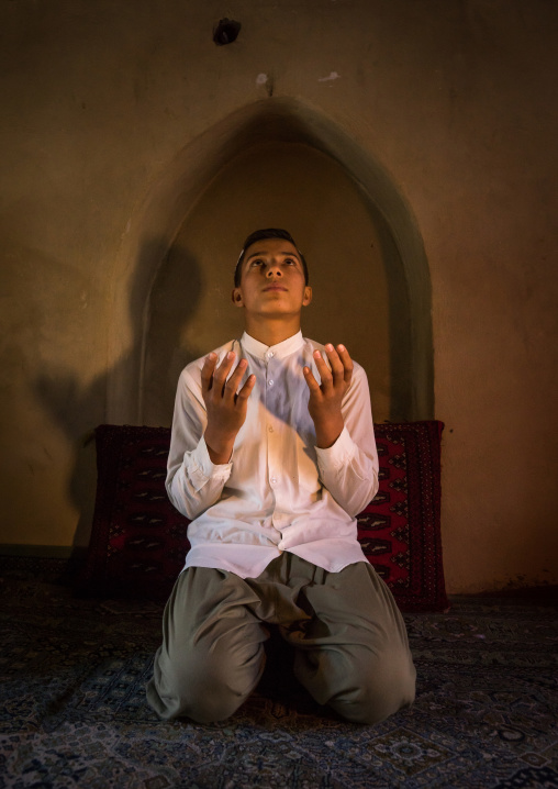 Iranian Shiite Muslim Student Praying In A Madrassah, Golestan Province, Karim Ishan, Iran