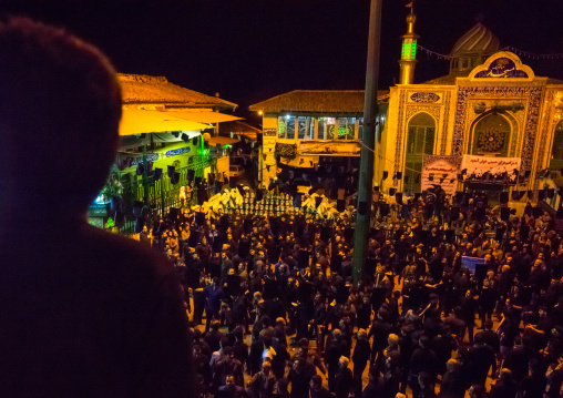 Iranian Shiite Muslim Men Mourners With An Alam In A Mosque Courtyard On Ashura, The Day Of The Death Of Imam Hussein, Golestan Province, Gorgan, Iran