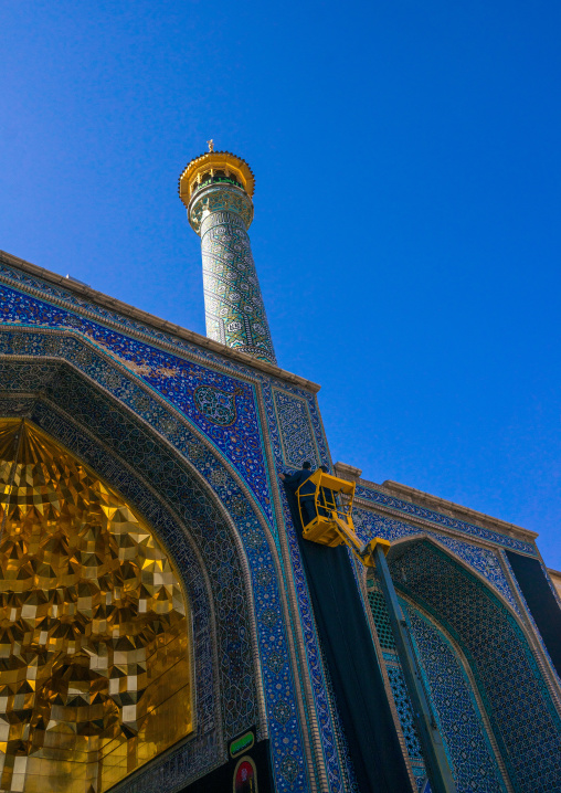 Worker Covering Fatima Al-masumeh Shrine With Black Banner For Ashura, Central County, Qom, Iran