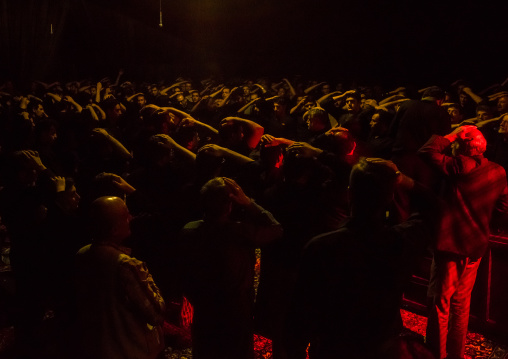 Iranian Shiite Muslim Men In A Mosque Chanting And Self-flagellating During Ashura, The Day Of The Death Of Imam Hussein, Isfahan Province, Kashan, Iran