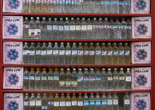 Bottles Of Rose Water In A Shop, Isfahan Province, Kashan, Iran