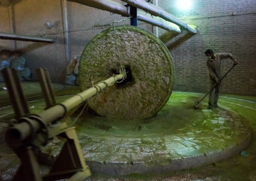 Worker With Green Dust On His Face In Traditional Henna Mill, Yazd Province, Yazd, Iran