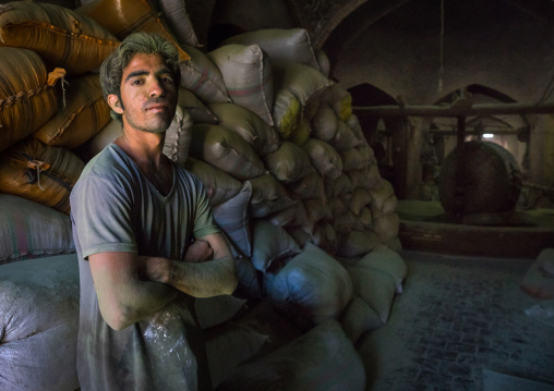 Worker With Green Dust On His Face In Traditional Henna Mill, Yazd Province, Yazd, Iran