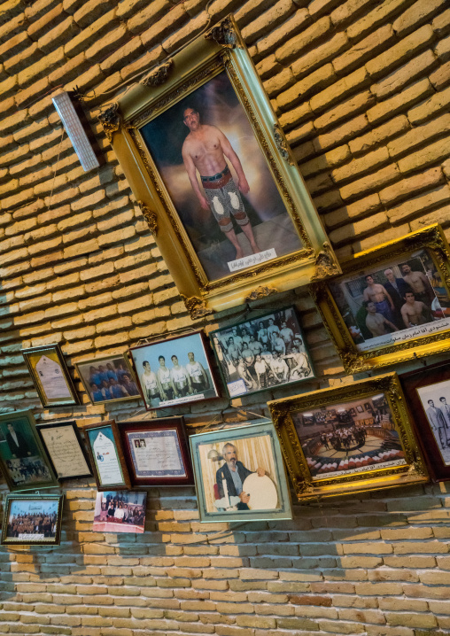 Old Pictures On A Wall Inside Saheb A Zaman Club Zurkhaneh, Yazd Province, Yazd, Iran