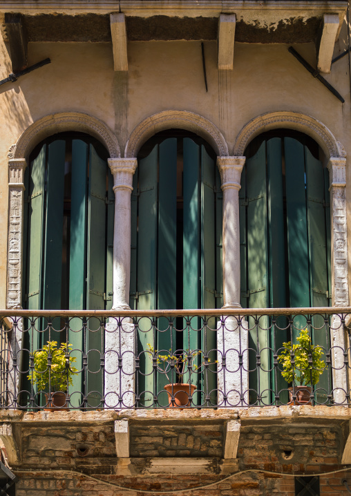 Balcony and window of an old house, Veneto Region, Venice, Italy