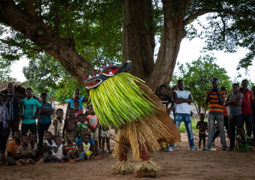 Goli sacred mask dance in Baule tribe during a ceremony, Région des Lacs, Bomizanbo, Ivory Coast