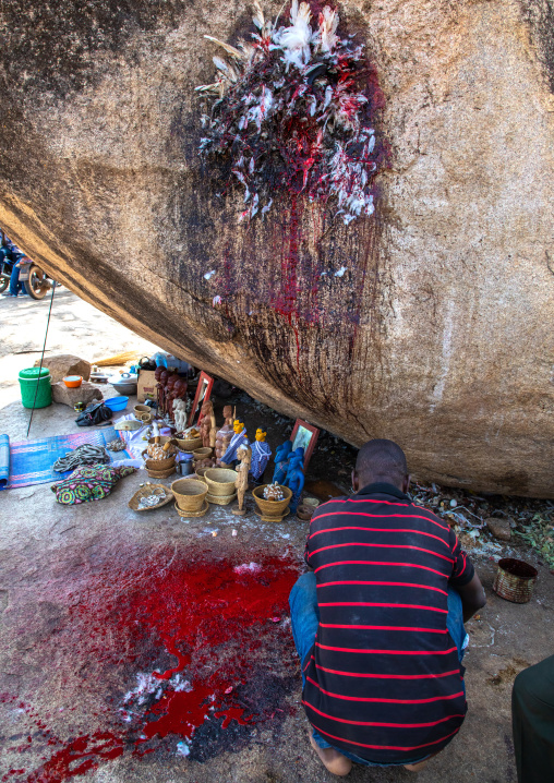 Senufo man making a sacrifice in an animist sanctuary, Savanes district, Shienlow, Ivory Coast