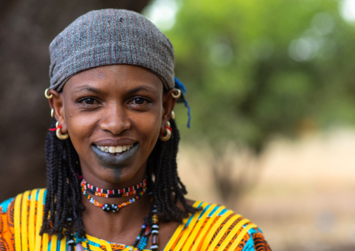 Portrait of a Peul tribe woman with tattooed lips, Savanes district, Boundiali, Ivory Coast