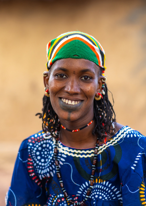 Portrait of a Peul tribe woman with tattooed lips, Savanes district, Boundiali, Ivory Coast