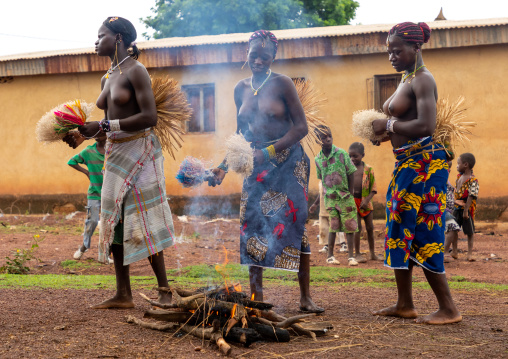 Young Senufo shirtless women dancing the Ngoro during a ceremony, Savanes district, Ndara, Ivory Coast