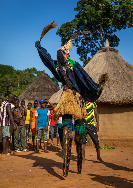 The tall mask dance with stilts called Kwuya Gblen-Gbe in the Dan tribe during a ceremony, Bafing, Gboni, Ivory Coast