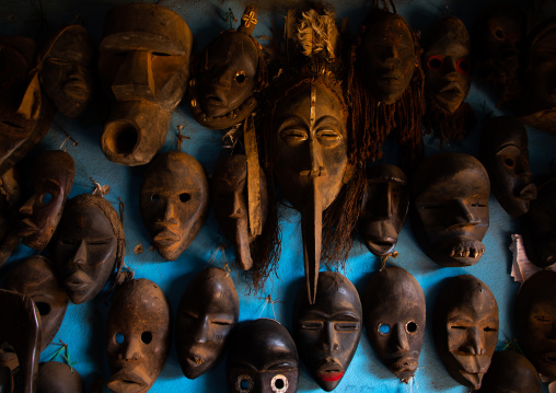 African masks for sale in a shop, Tonkpi Region, Man, Ivory Coast