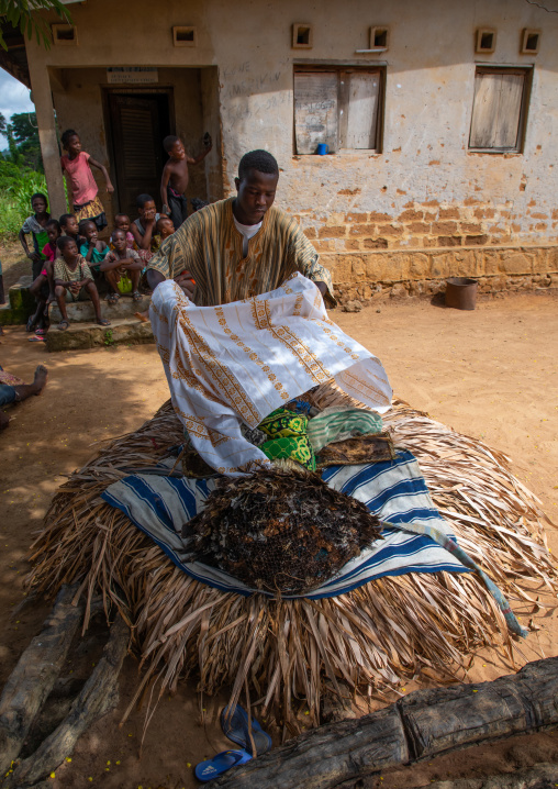 We Guere sacred mask resting during a ceremony, Guémon, Bangolo, Ivory Coast