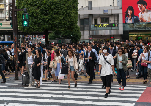 Shibiuya crossing crowded with pedestrians, Kanto region, Tokyo, Japan