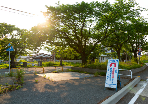 Diversion sign warns people in the difficult-to-return zone after the daiichi nuclear power plant irradiation, Fukushima prefecture, Tomioka, Japan