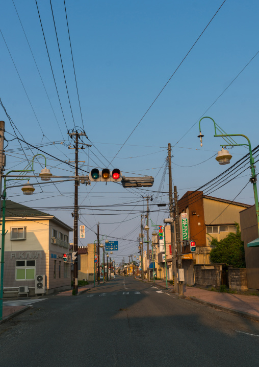 Deserted street in the difficult-to-return zone after the daiichi nuclear power plant irradiation, Fukushima prefecture, Tomioka, Japan