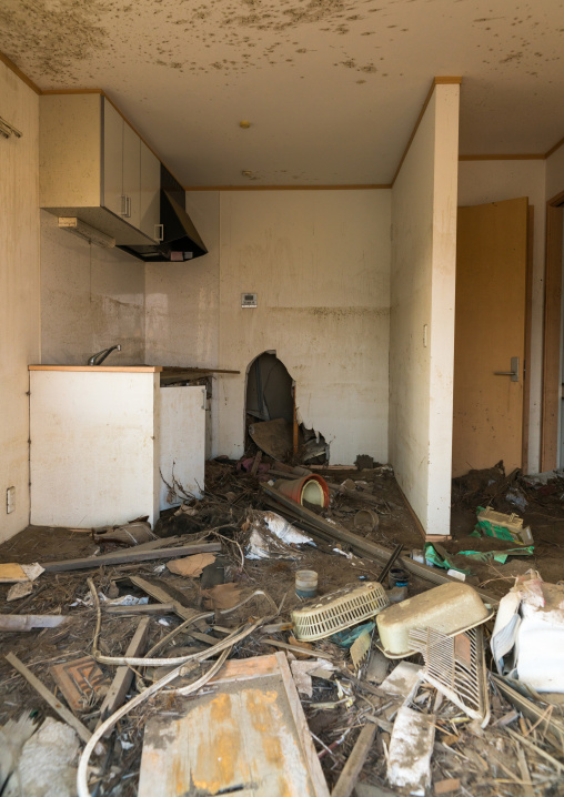 Inside a house destroyed by the 2011 earthquake and tsunami five years after, Fukushima prefecture, Tomioka, Japan