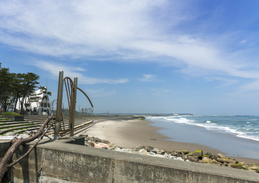 Beach fence destroyed by the 2011 tsunami in the highly contamined area, Fukushima prefecture, Futaba, Japan