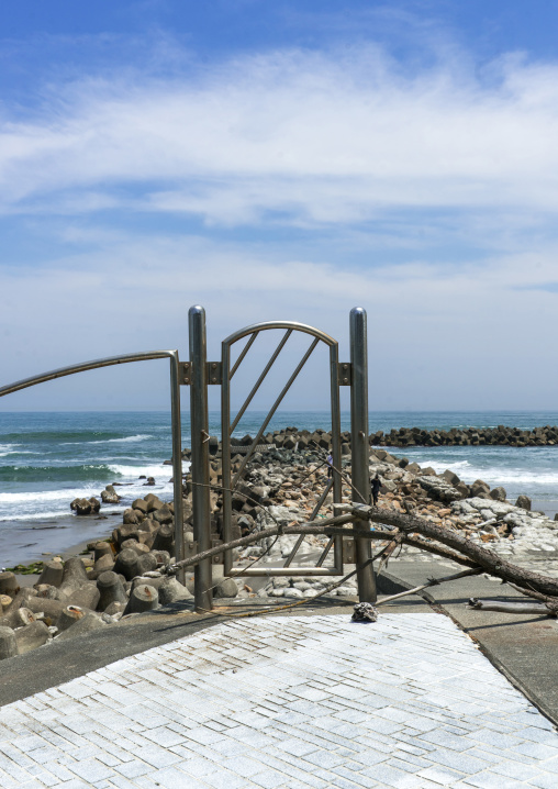 Beach fence destroyed by the 2011 tsunami in the highly contamined area, Fukushima prefecture, Futaba, Japan