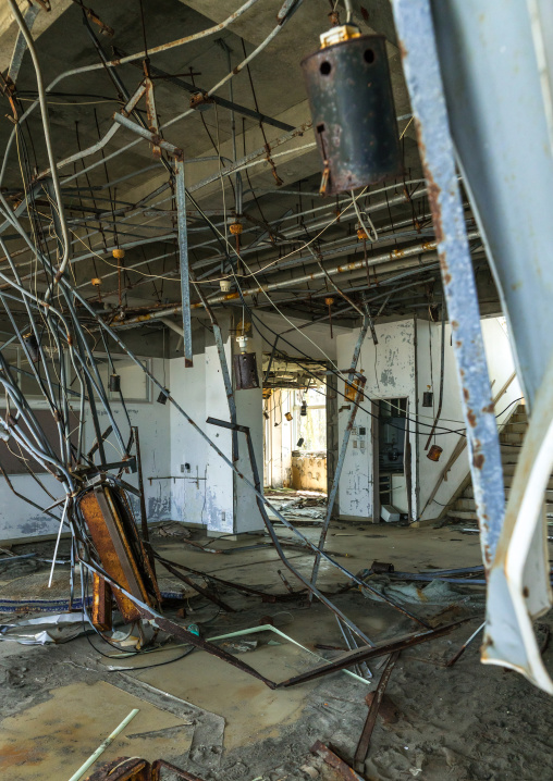 Devastated marine house in the highly contaminated area after the daiichi nuclear power plant irradiation and the tsunami, Fukushima prefecture, Futaba, Japan