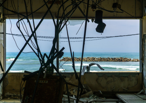 View from a devastated marine house in the highly contaminated area after the daiichi nuclear power plant irradiation and the tsunami, Fukushima prefecture, Futaba, Japan