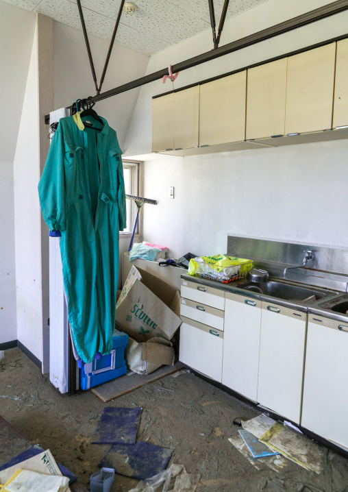 Devastated marine house in the highly contaminated area after the daiichi nuclear power plant irradiation and the tsunami, Fukushima prefecture, Futaba, Japan