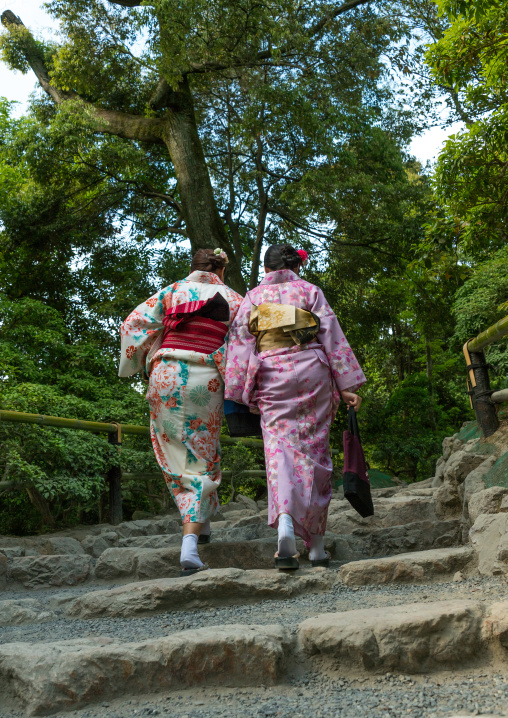 Chinese tourist women wearing geisha kimonos in a zen garden, Kansai region, Kyoto, Japan