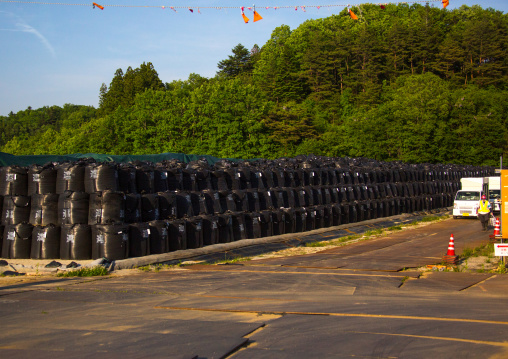 Bags of radioactive waste during radioactive decontamination process after the daiichi nuclear power plant irradiation, Fukushima prefecture, Iitate, Japan