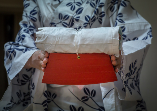 16 Years old maiko called chikasaya with the pillow shes uses to protect her hairstyle, Kansai region, Kyoto, Japan