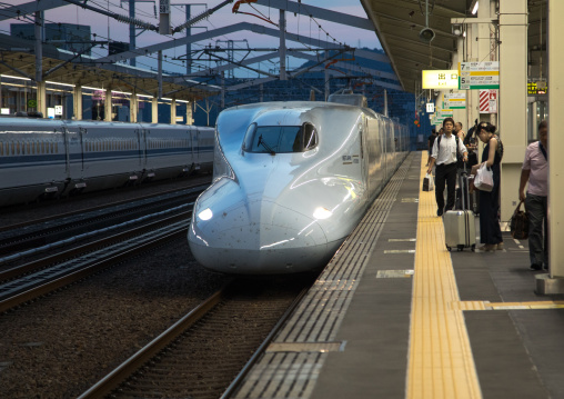 Shinkansen train in a station, Hypgo Prefecture, Himeji, Japan